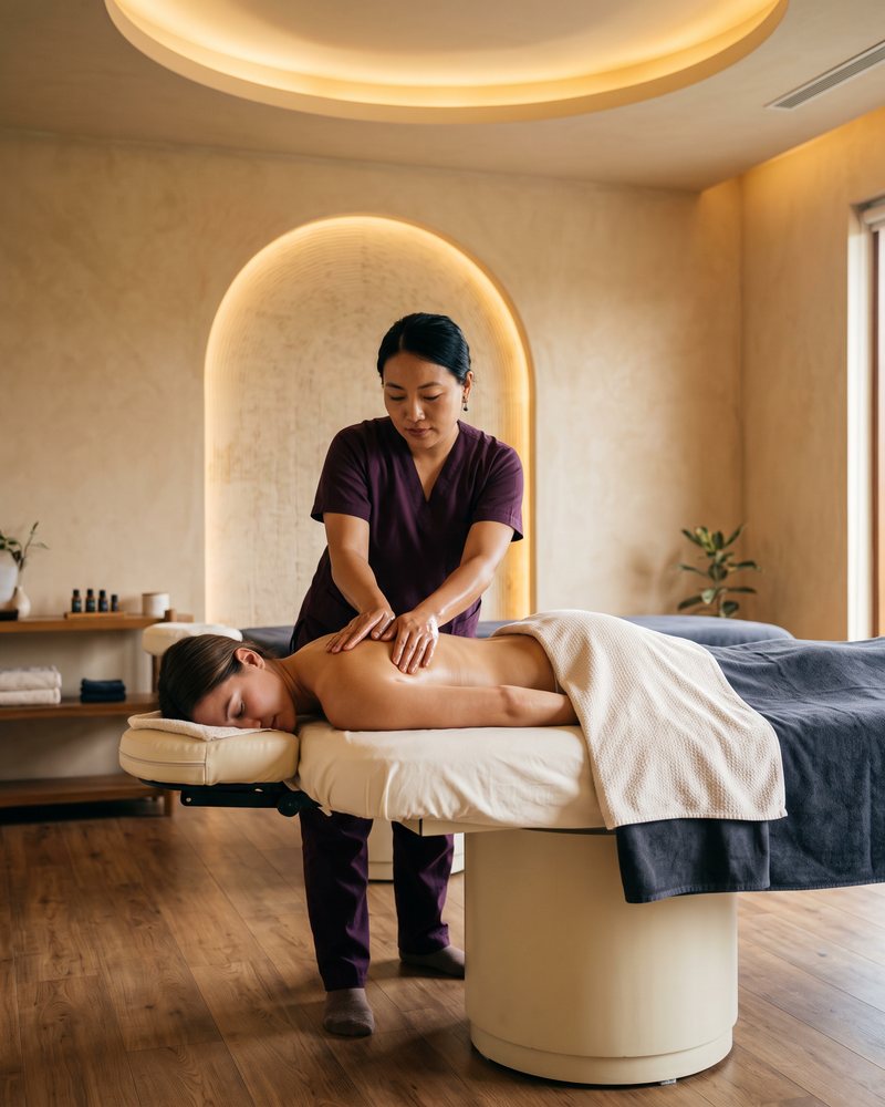 Therapist at Nola Wellness Spa working on a guest's back in a private treatment room